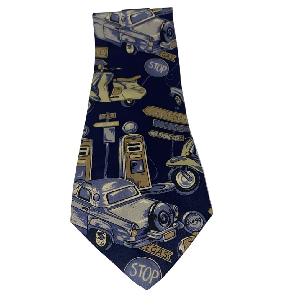 Men's Enrico Guccini Blue 1950's Vintage Cars Print 100% Silk Neck Tie Italy